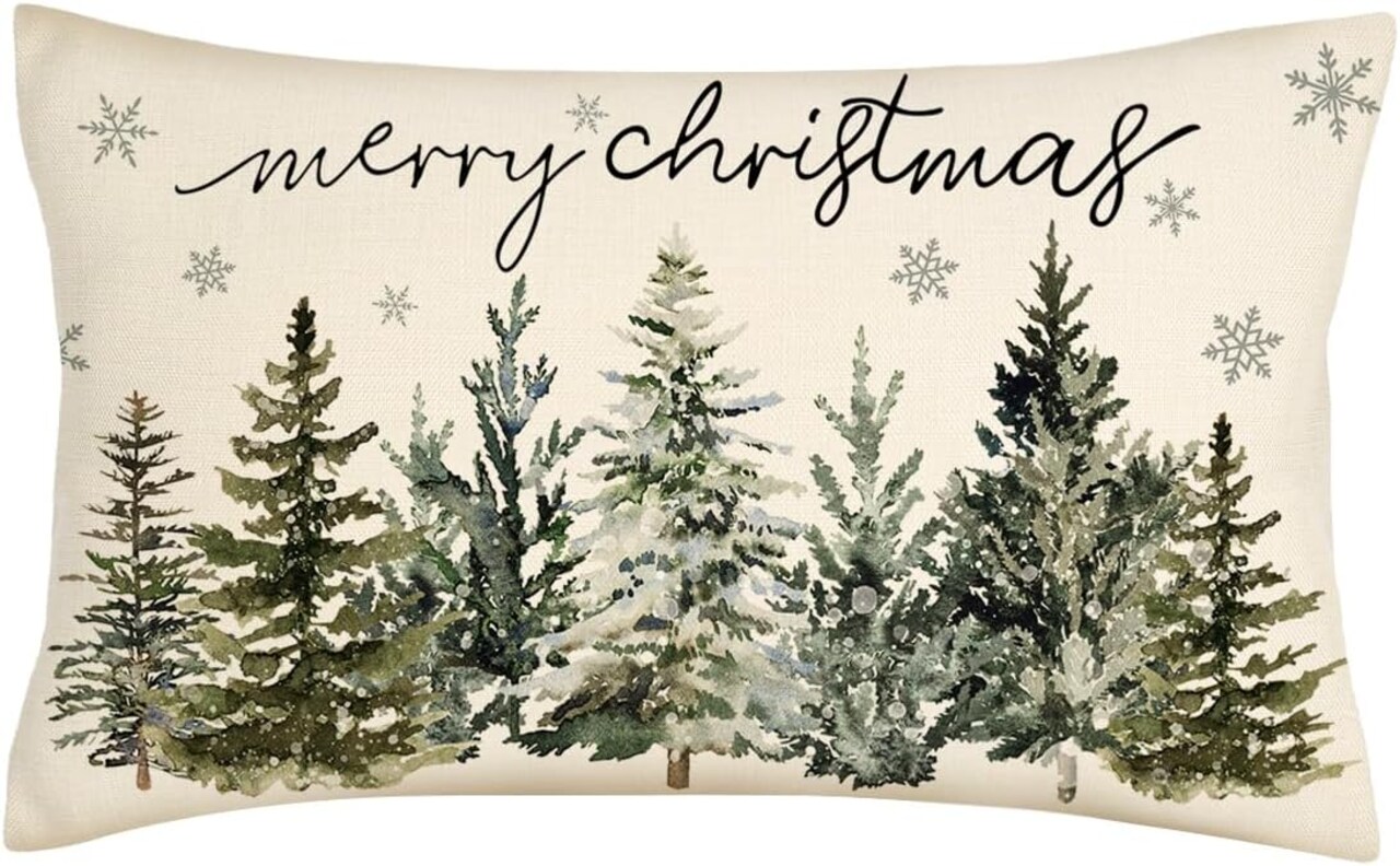 Christmas Trees Lumbar Pillow Cover 12x20 Inches Snowflakes Xmas Farmhouse Decorations Winter Holiday Decor Throw Cushion Case for Home Couch Polyester Linen S23C25